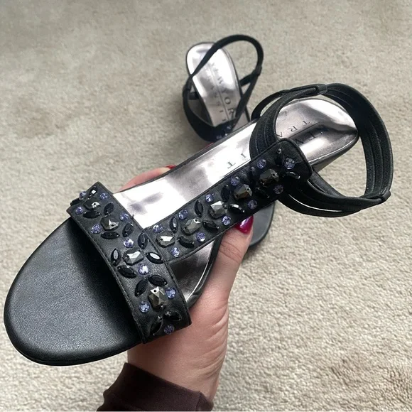 Black T-Strap Sandals with Embellishments - Picture 2 of 5